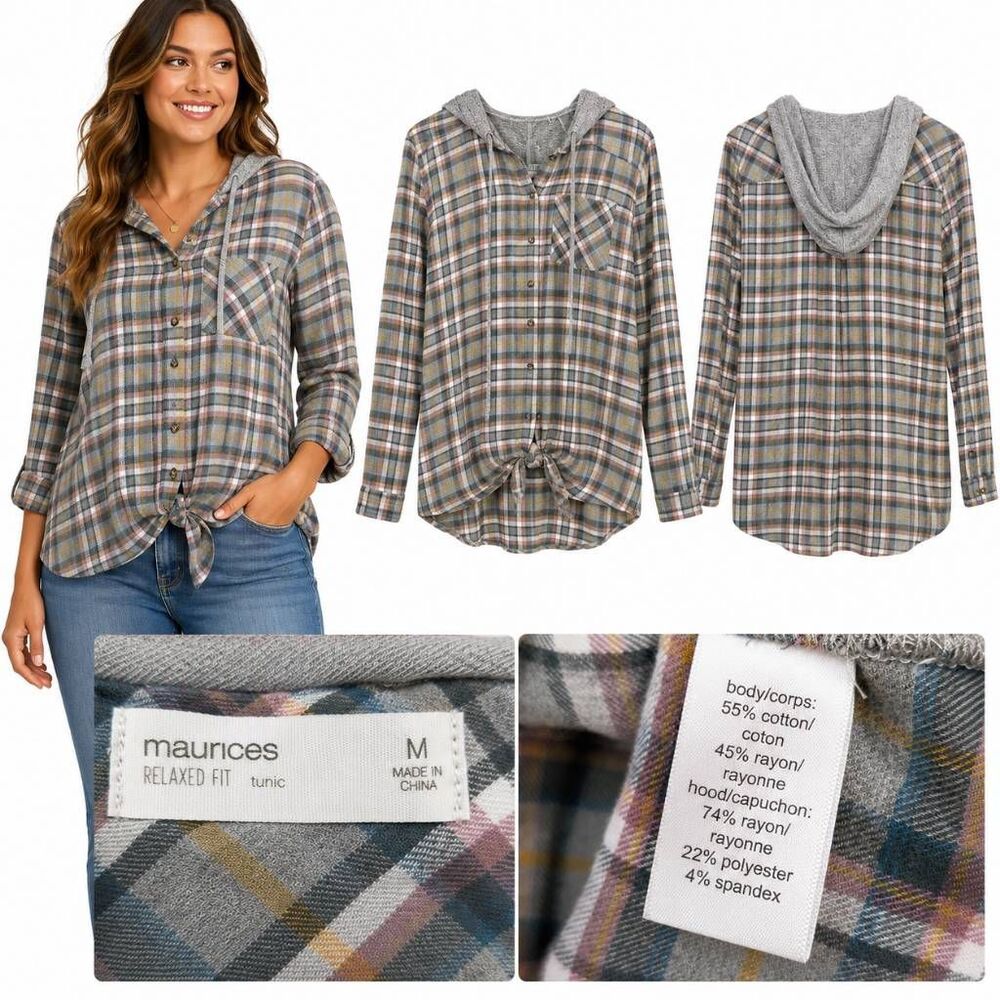 Maurices M Plaid Hooded Button Front Relaxed Fit